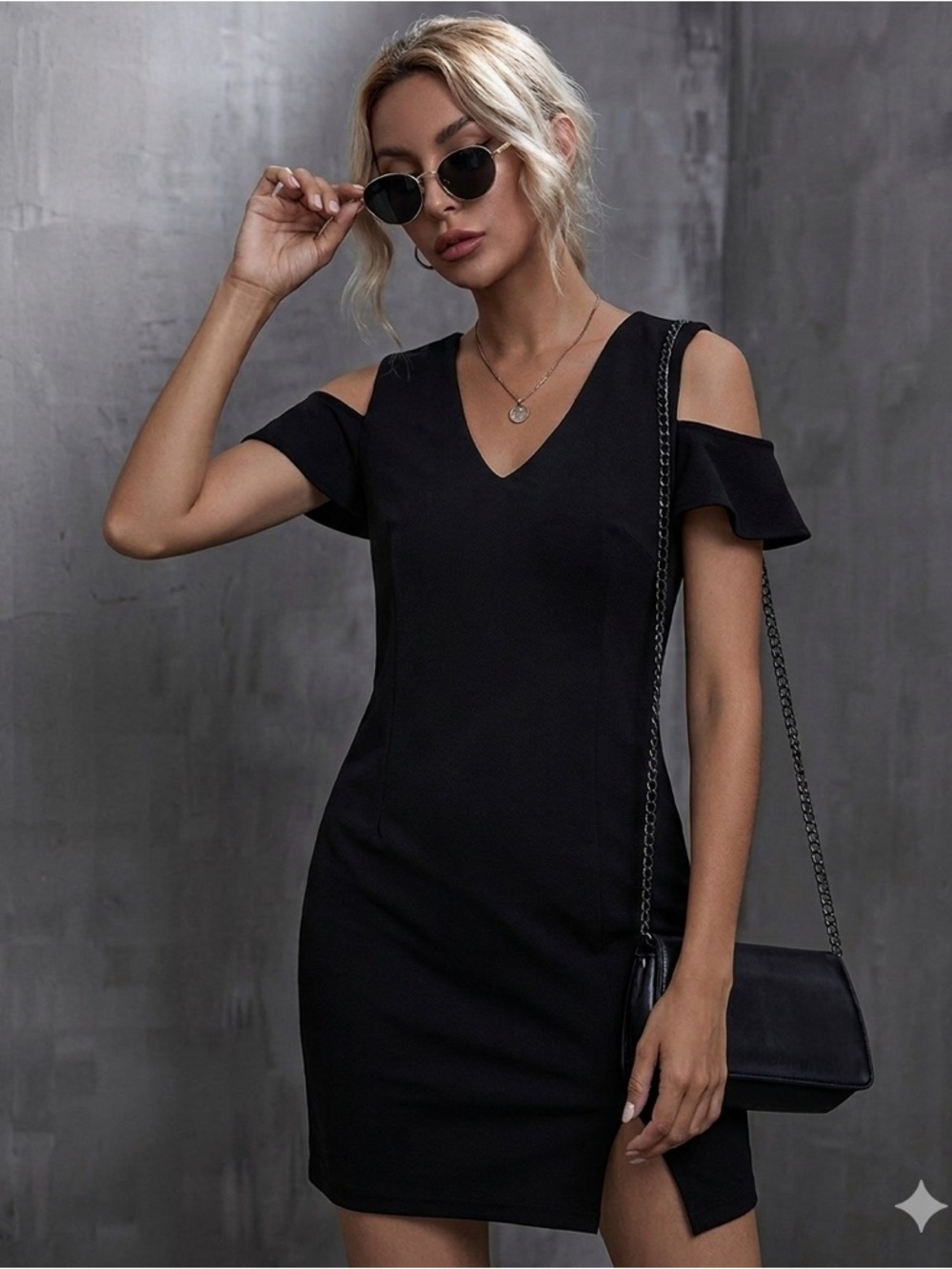 Express Black Cold-Shoulder V-Neck Midi Dress